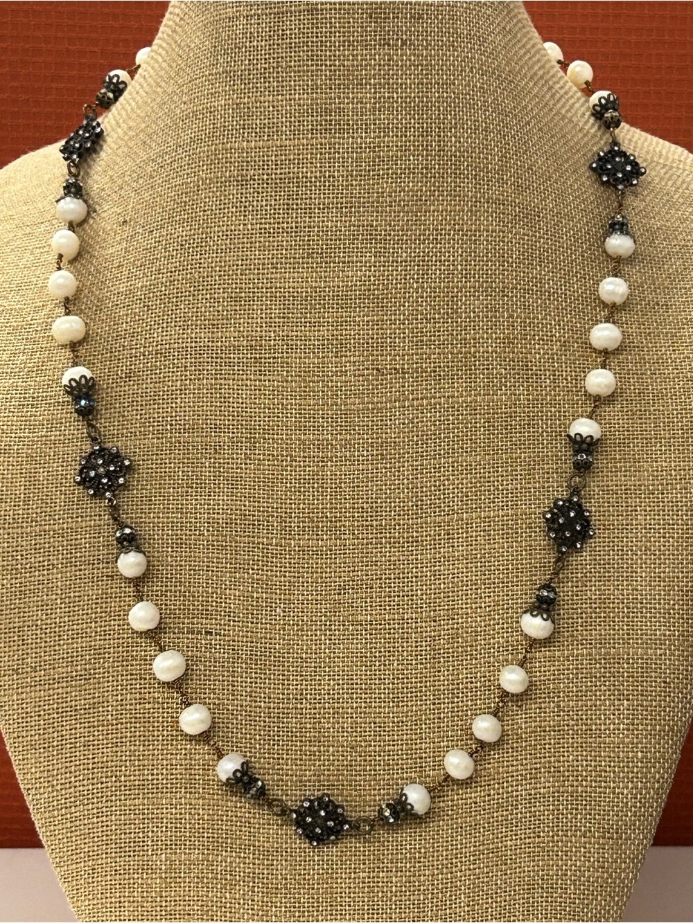 Vintage Genuine Pearl and Gunmetal Crystal Station Necklace - Women Jewelry